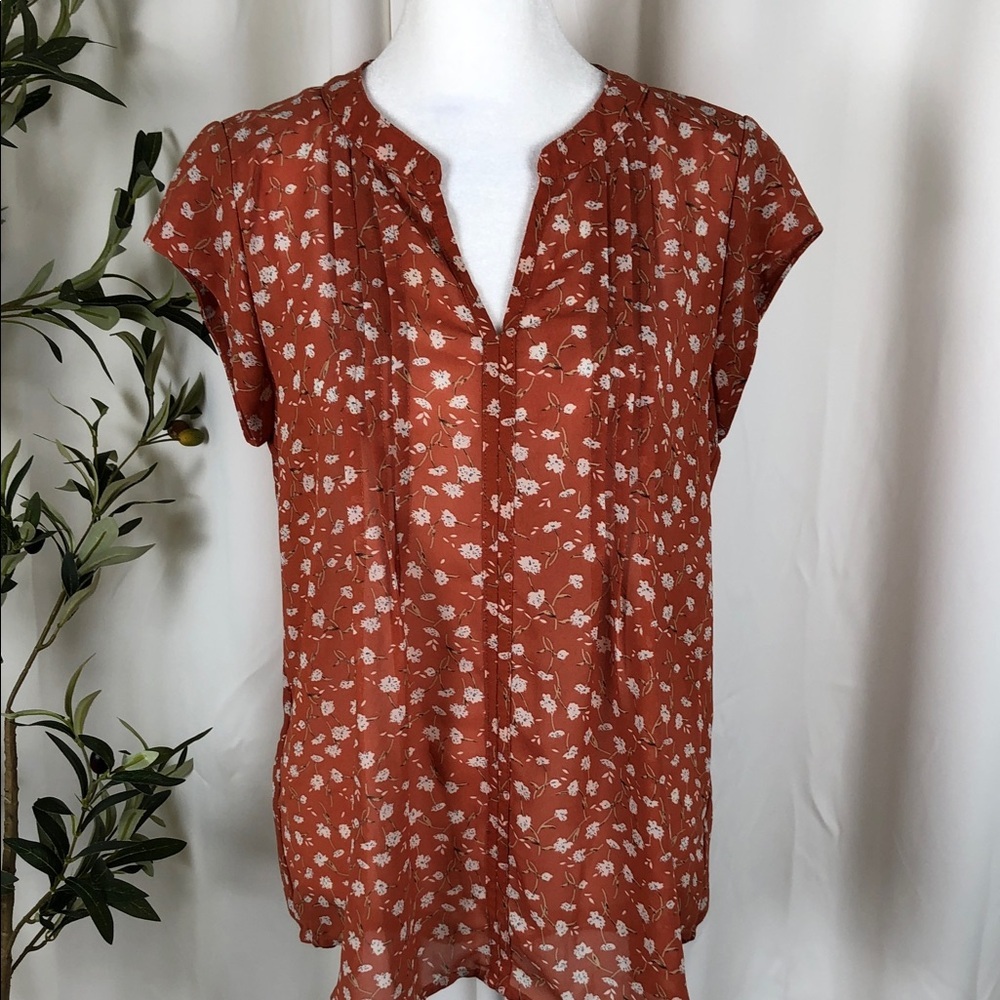 Floral Notch V-Neck Cap Sleeve Top with Pleated Front Detail Sz M (T5)